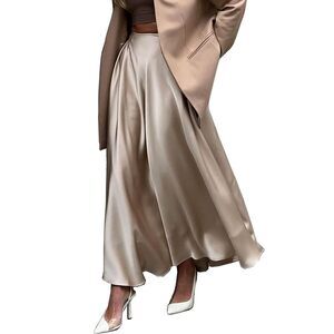 7212 Satin Khaki Maxi Skirt - High Waisted A-Line Long Trendy Plus Size